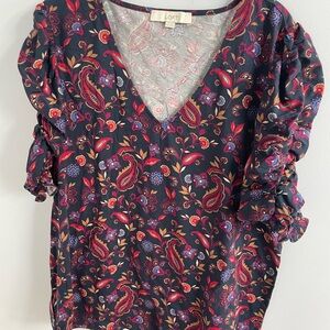 Navy Blue Floral V-Neck Top Sz XXL by Loft